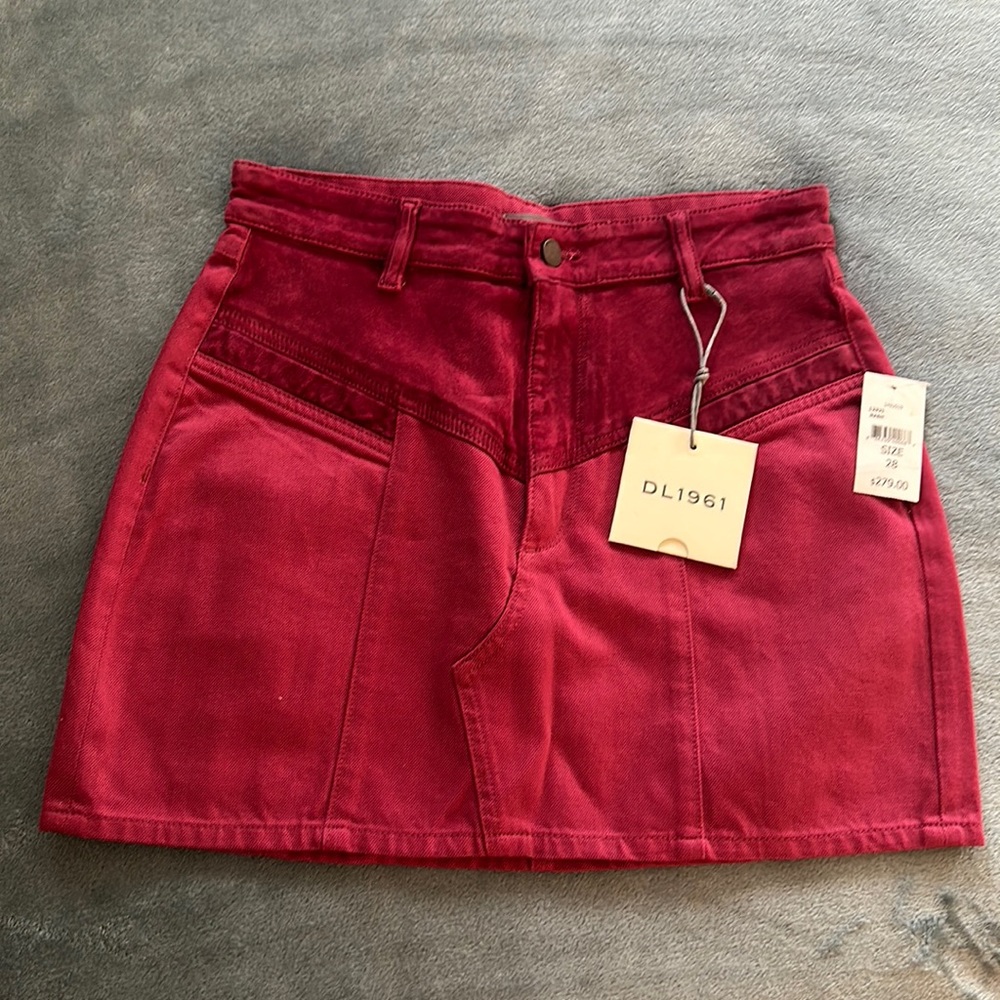 Stunning light maroon DL1961 soft leather & jean skirt